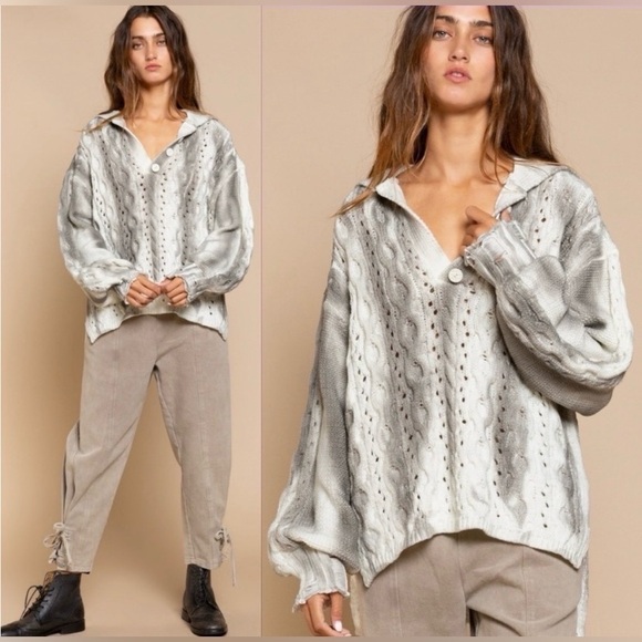 POL Women's Chunky Cable Knit Sweater - Cream and Gray BNWOT Medium Runs BIG! - Picture 2 of 13